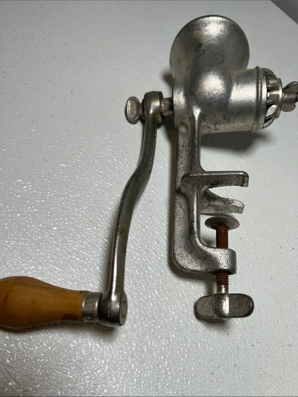 Vintage Universal Cast Metal Meat Grinder in Silver with Wooden Handle